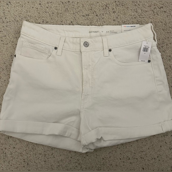 Size 12 denim shorts with rolled hem 
high rise 
3” inseam 
Old Navy
OG Straight - Picture 1 of 6